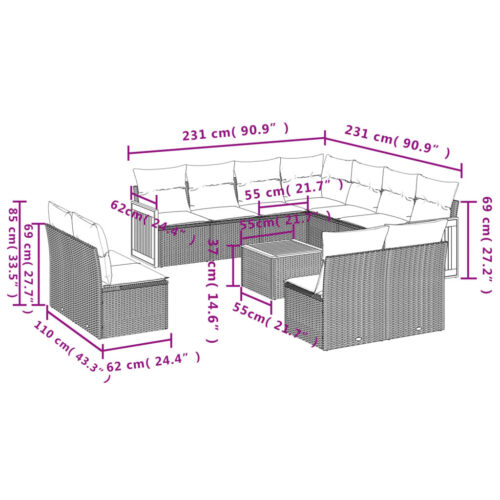 12-Piece Garden Sofa Set with Cushions Black Poly Rattan Wicker Outdoor Patio Furniture - Image 3