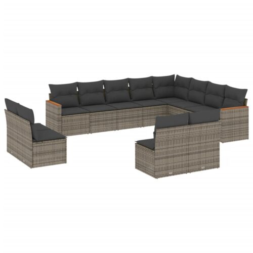 12-Piece Garden Sofa Set with Cushions Grey Poly Rattan Wicker Outdoor Patio Furniture