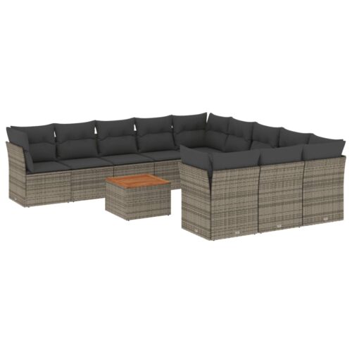 12-Piece Garden Sofa Set with Cushions Grey Poly Rattan Wicker Outdoor Patio Furniture