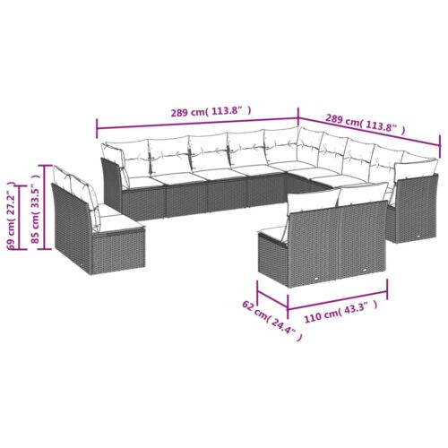 12-Piece Garden Sofa Set with Cushions Grey Poly Rattan Wicker Outdoor Patio Furniture - Image 3