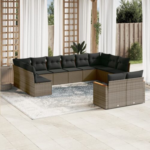 12-Piece Garden Sofa Set with Cushions Grey Poly Rattan Wicker Outdoor Patio Furniture - Image 2
