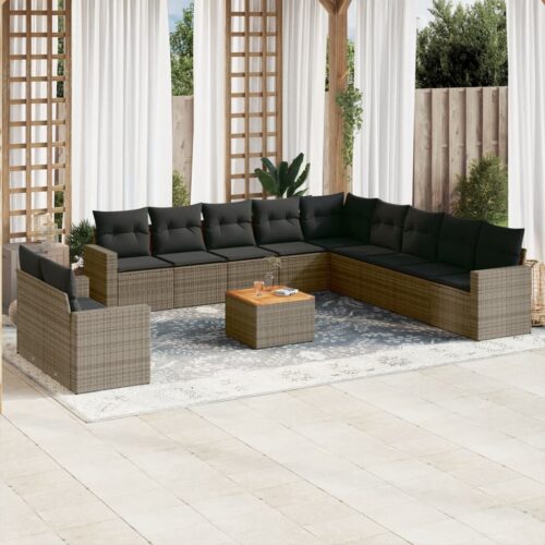12-Piece Garden Sofa Set with Cushions Grey Poly Rattan Wicker Outdoor Patio Furniture - Image 2