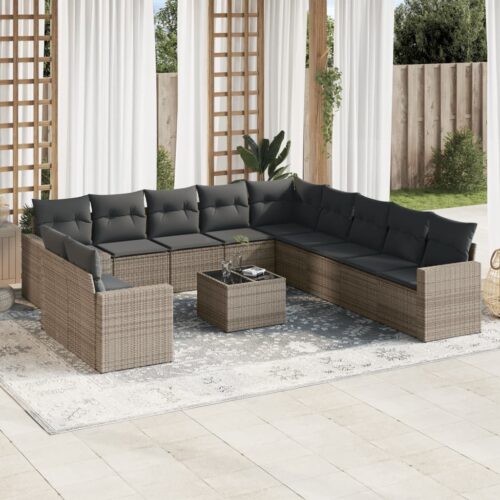 12-Piece Garden Sofa Set with Cushions Grey Poly Rattan Wicker Outdoor Patio Furniture - Image 2