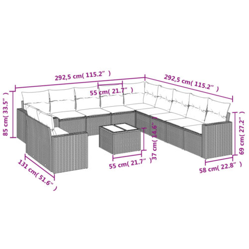 12-Piece Garden Sofa Set with Cushions Grey Poly Rattan Wicker Outdoor Patio Furniture - Image 3