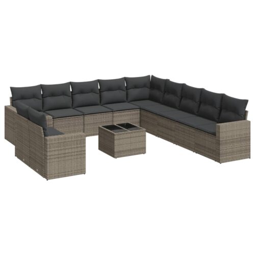 12-Piece Garden Sofa Set with Cushions Grey Poly Rattan Wicker Outdoor Patio Furniture - Image 5