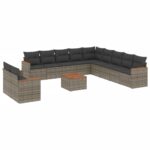 12-Piece Garden Sofa Set with Cushions Grey Poly Rattan Wicker Outdoor Patio Furniture