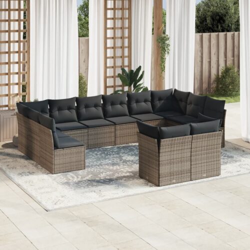 12-Piece Garden Sofa Set with Cushions Grey Poly Rattan Wicker Outdoor Patio Furniture - Image 2