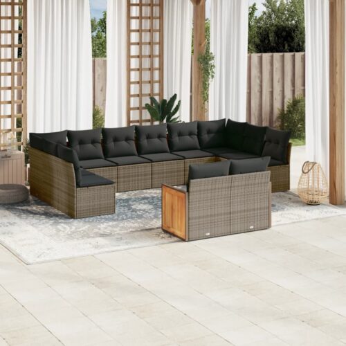 12-Piece Garden Sofa Set with Cushions Grey Poly Rattan Wicker Outdoor Patio Furniture - Image 2