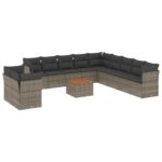 12-Piece Garden Sofa Set with Cushions Grey Poly Rattan Wicker Outdoor Patio Furniture