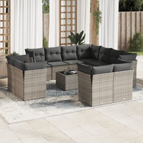 12-Piece Garden Sofa Set with Cushions Grey Poly Rattan Wicker Outdoor Patio Furniture - Image 2
