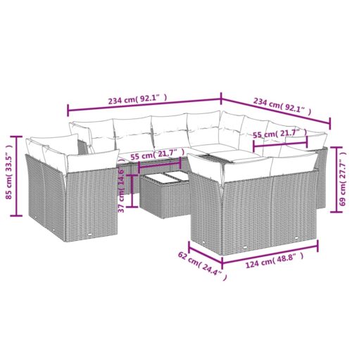 12-Piece Garden Sofa Set with Cushions Grey Poly Rattan Wicker Outdoor Patio Furniture - Image 3