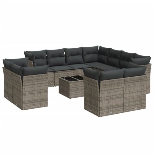 12-Piece Garden Sofa Set with Cushions Grey Poly Rattan Wicker Outdoor Patio Furniture - Image 5