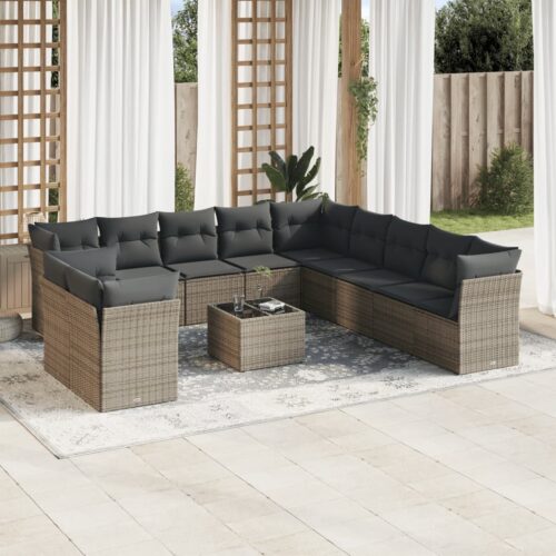 12-Piece Garden Sofa Set with Cushions Grey Poly Rattan Wicker Outdoor Patio Furniture - Image 2