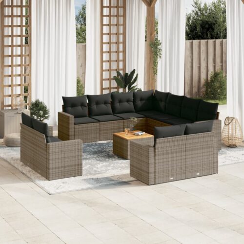 12-Piece Garden Sofa Set with Cushions Grey Poly Rattan Wicker Outdoor Patio Furniture - Image 2