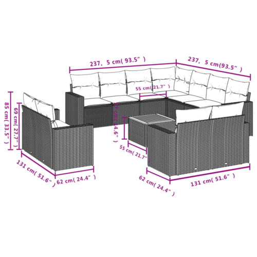 12-Piece Garden Sofa Set with Cushions Grey Poly Rattan Wicker Outdoor Patio Furniture - Image 12