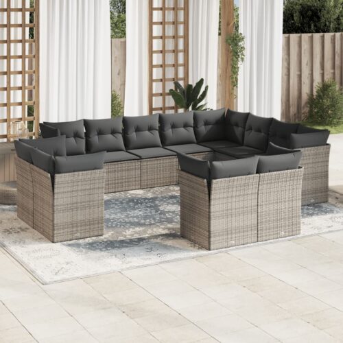 12-Piece Garden Sofa Set with Cushions Grey Poly Rattan Wicker Outdoor Patio Furniture - Image 2