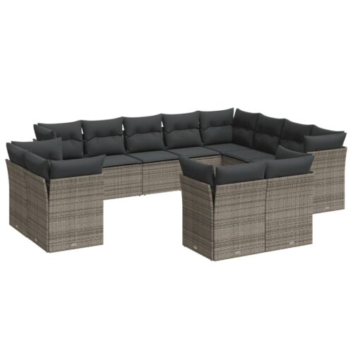 12-Piece Garden Sofa Set with Cushions Grey Poly Rattan Wicker Outdoor Patio Furniture - Image 5