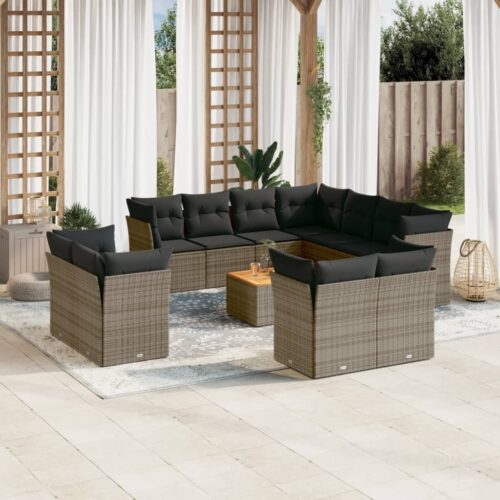 12-Piece Garden Sofa Set with Cushions Grey Poly Rattan Wicker Outdoor Patio Furniture - Image 2