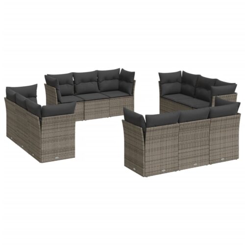 12-Piece Garden Sofa Set with Cushions Grey Poly Rattan Wicker Outdoor Patio Furniture - Image 5