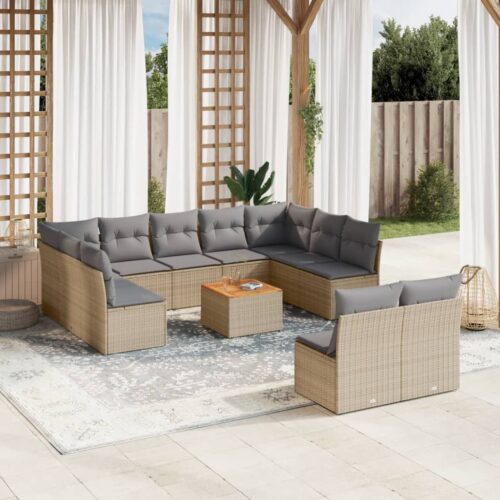 12-Piece Garden Sofa Set with Cushions Mix Beige Poly Rattan Wicker Outdoor Patio Furniture - Image 2