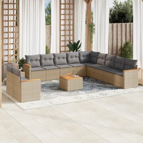 12-Piece Garden Sofa Set with Cushions Mix Beige Poly Rattan Wicker Outdoor Patio Furniture - Image 2