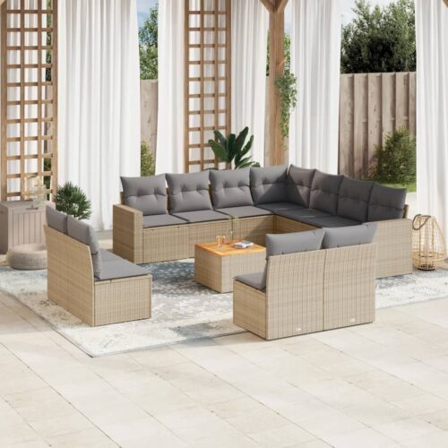 12-Piece Garden Sofa Set with Cushions Mix Beige Poly Rattan Wicker Outdoor Patio Furniture - Image 2