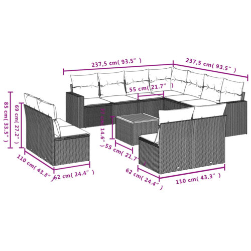 12-Piece Garden Sofa Set with Cushions Mix Beige Poly Rattan Wicker Outdoor Patio Furniture - Image 12
