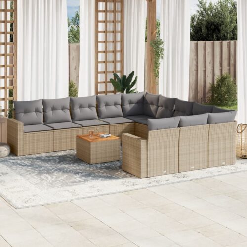 12-Piece Garden Sofa Set with Cushions Mix Beige Poly Rattan Wicker Outdoor Patio Furniture - Image 2