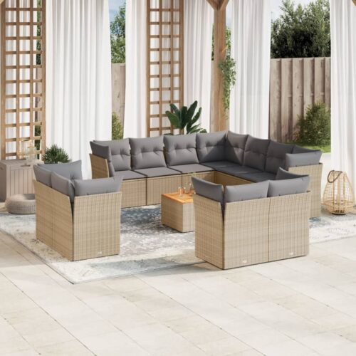12-Piece Garden Sofa Set with Cushions Mix Beige Poly Rattan Wicker Outdoor Patio Furniture - Image 2