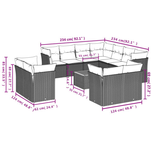 12-Piece Garden Sofa Set with Cushions Mix Beige Poly Rattan Wicker Outdoor Patio Furniture - Image 10