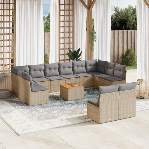 13-Piece Garden Sofa Set with Cushions Beige Poly Rattan Wicker Outdoor Patio Furniture - Image 2