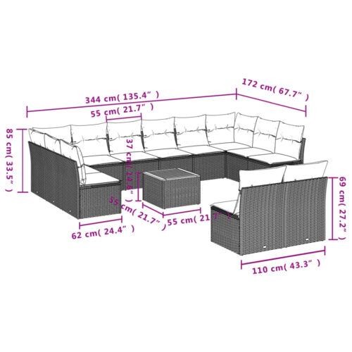 13-Piece Garden Sofa Set with Cushions Beige Poly Rattan Wicker Outdoor Patio Furniture - Image 3