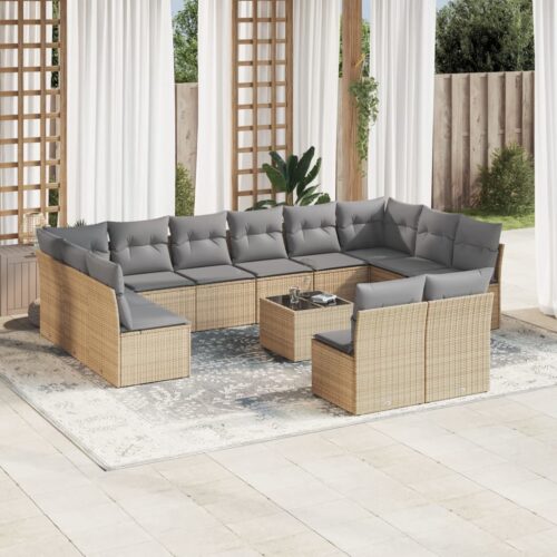 13-Piece Garden Sofa Set with Cushions Beige Poly Rattan Wicker Outdoor Patio Furniture - Image 2