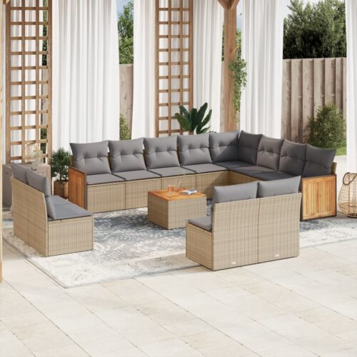 13-Piece Garden Sofa Set with Cushions Beige Poly Rattan Wicker Outdoor Patio Furniture - Image 2