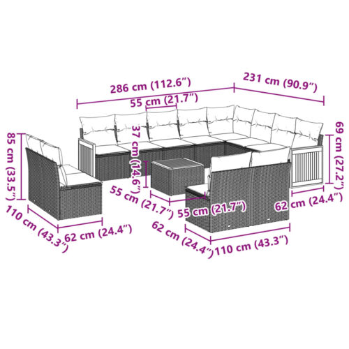 13-Piece Garden Sofa Set with Cushions Beige Poly Rattan Wicker Outdoor Patio Furniture - Image 8