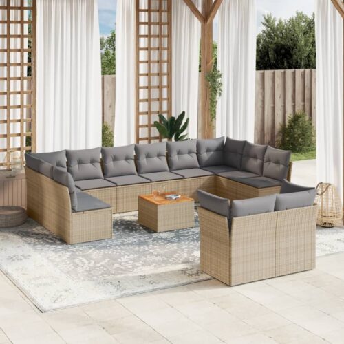 13-Piece Garden Sofa Set with Cushions Beige Poly Rattan Wicker Outdoor Patio Furniture - Image 2