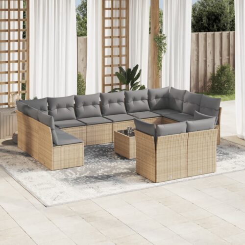13-Piece Garden Sofa Set with Cushions Beige Poly Rattan Wicker Outdoor Patio Furniture - Image 2