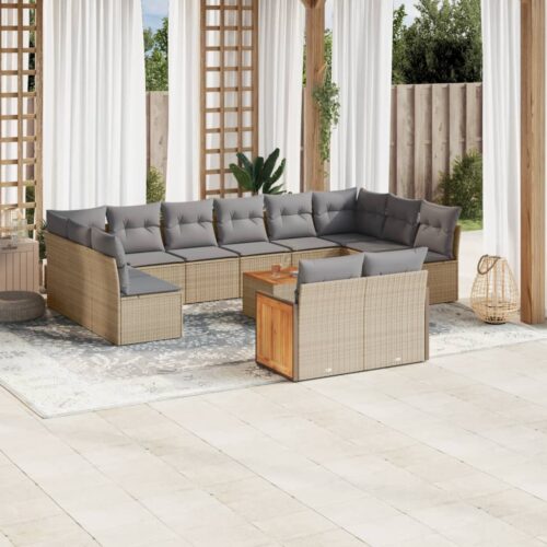 13-Piece Garden Sofa Set with Cushions Beige Poly Rattan Wicker Outdoor Patio Furniture - Image 2