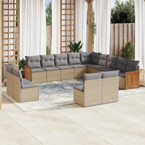 13-Piece Garden Sofa Set with Cushions Beige Poly Rattan Wicker Outdoor Patio Furniture - Image 2