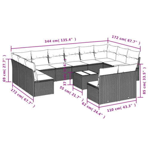 13-Piece Garden Sofa Set with Cushions Beige Poly Rattan Wicker Outdoor Patio Furniture - Image 3