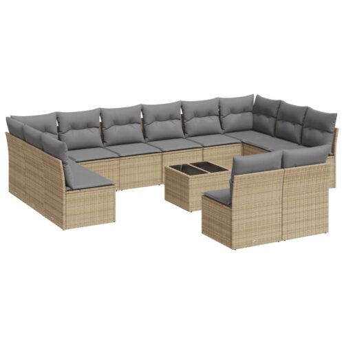 13-Piece Garden Sofa Set with Cushions Beige Poly Rattan Wicker Outdoor Patio Furniture - Image 5