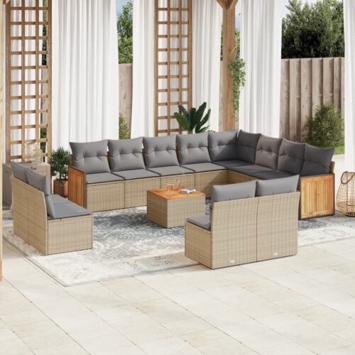 13-Piece Garden Sofa Set with Cushions Beige Poly Rattan Wicker Outdoor Patio Furniture - Image 2