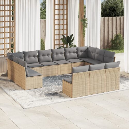13-Piece Garden Sofa Set with Cushions Beige Poly Rattan Wicker Outdoor Patio Furniture - Image 2