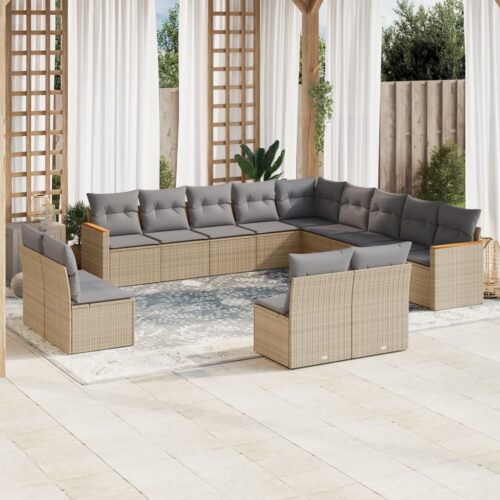 13-Piece Garden Sofa Set with Cushions Beige Poly Rattan Wicker Outdoor Patio Furniture - Image 2