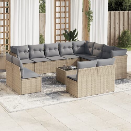 13-Piece Garden Sofa Set with Cushions Beige Poly Rattan Wicker Outdoor Patio Furniture - Image 2