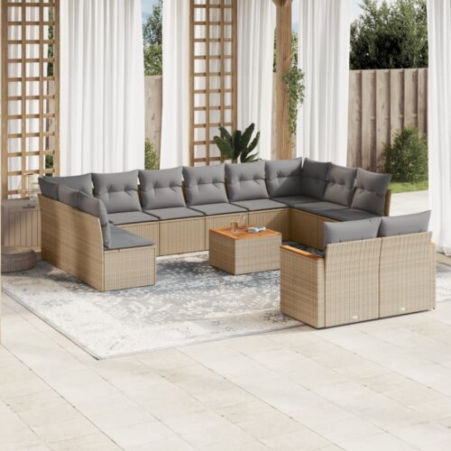 13-Piece Garden Sofa Set with Cushions Beige Poly Rattan Wicker Outdoor Patio Furniture - Image 2