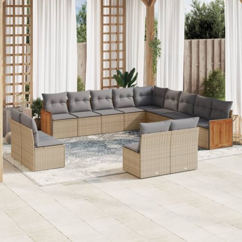 13-Piece Garden Sofa Set with Cushions Beige Poly Rattan Wicker Outdoor Patio Furniture - Image 2