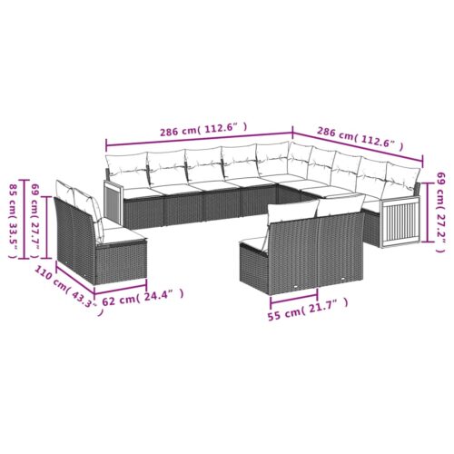 13-Piece Garden Sofa Set with Cushions Beige Poly Rattan Wicker Outdoor Patio Furniture - Image 3