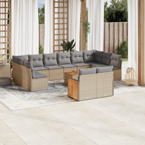 13-Piece Garden Sofa Set with Cushions Beige Poly Rattan Wicker Outdoor Patio Furniture - Image 2