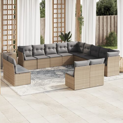 13-Piece Garden Sofa Set with Cushions Beige Poly Rattan Wicker Outdoor Patio Furniture - Image 2